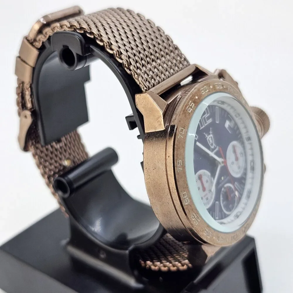 KONIGSWERK Men's Watch 45MM Large Case Black Dial‎ Brown Mesh Bands New Battery